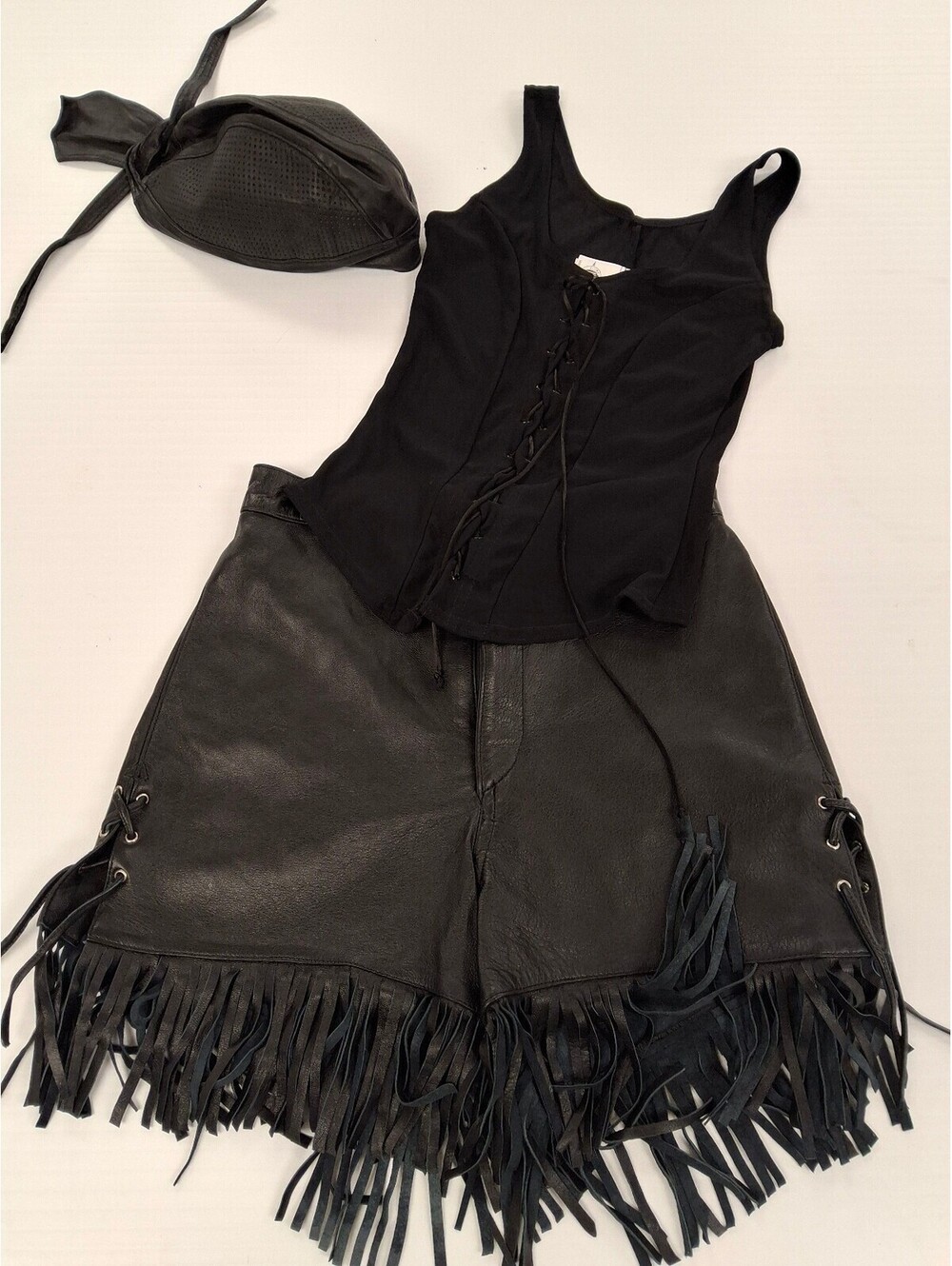 Vintage Biker's Choice frindge leather shorts with lace up top and dude rag 9/10